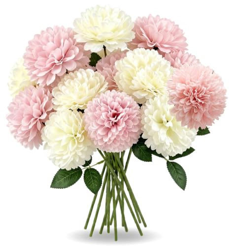 16Pcs Artificial Fake Chrysanthemum Flowers, 28CM Artificial Flower Bouquet, Silk Flowers Pink and White Hydrangea, Long Stem Artificial Flowers for Home Table Centerpieces Garden Office Décor