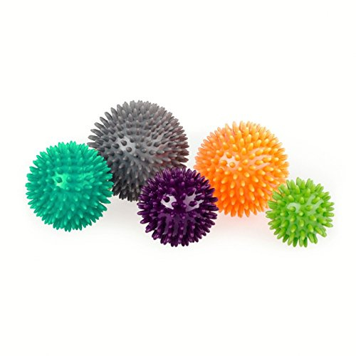 Noppenball-Set, 5 Igelbälle: 6 cm lime / 7 cm aubergine / 8 cm petrol / 9 cm orange / 10 cm anthrazit, Massageball für Selbstmassage, Reha & Fitness, Reflexzonen
