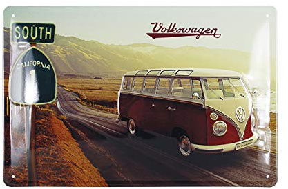 BRISA VW Collection - T1 Bulli Bus Blechschild Vintage Dekoration | Volkswagen Retro Metallschild Wandschild Garage Werkstatt Hobbykeller, Highway 1/Bunt
