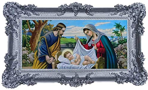 Wunderschönes Repro Barock Antik Look gerahmtes Gemälde mit Ornamentverziehrungen in den Rahmen montiert Motiv Jesus Maria Josef Sacra Familie Ikonen Bild Repro 96x57cm (Silber) 75B