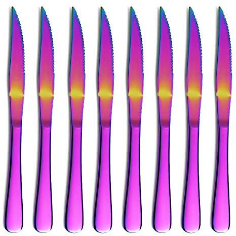 Regenbogen-Steakmesser-Set, Kyrtaon Buntes gezacktes Messer, Titanium Multi-Color-Beschichtung Edelstahl Scharfe Messer-Set, Tafelmesser-Set von 8, Spülmaschinenfest, robust und leicht zu reinigen