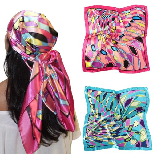 AWAYTR 35” Large Satin Square Head Scarf - 2Pcs Silk Like Floral Head Scarves Square Satin Hair Scarf Bandanas for Women (Elliptical grid(Rose+Blue))