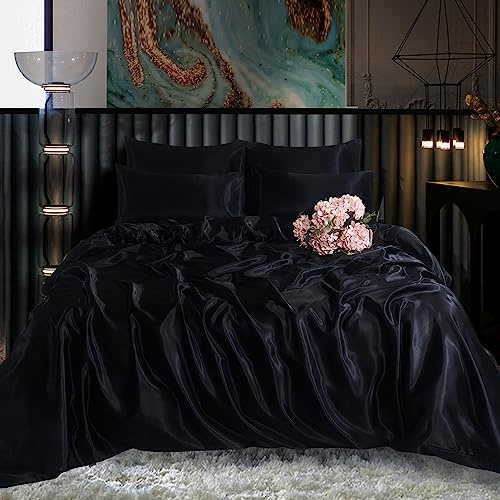 ROOEE Set completo di biancheria da letto in raso di seta, 6 pezzi, lenzuolo con angoli, copripiumino, 4 federe. Colore - Nero Dimensioni - Matrimoniale