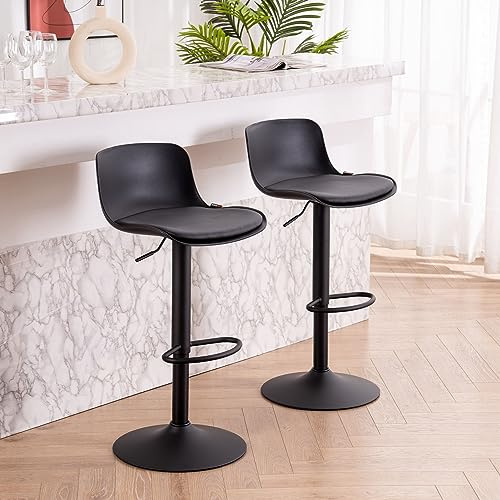 Kidol & Shellder Barhocker 2er Set Schwarz Esszimmerstühle, Höhenverstellbar 360° Drehbar mit Rückenlehne und Sitzkissen, Barhocker aus PU Leder Kunststoff Metall, für Home Kitchen Counter Bistro