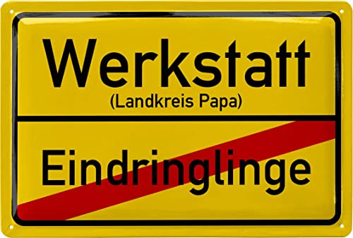 LANOLU Retro Blechschild Werkstatt Eindringlinge, Papas Werkstatt Schild, Geburtstagsgeschenk für Vater zum Geburtstag und Vatertag - Geschenkidee und Vatertagsgeschenk, 20x30cm