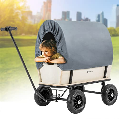 Miweba Bollerwagen Canvas mit Dach | 180 Kg Traglast - Kinderwagen - Transportwagen - Handwagen - Wagen Holz - Standwagen - Regenschutz - Plane abnehmbar - Gartenkarre - Holzwagen - Gerätewagen (Grau)
