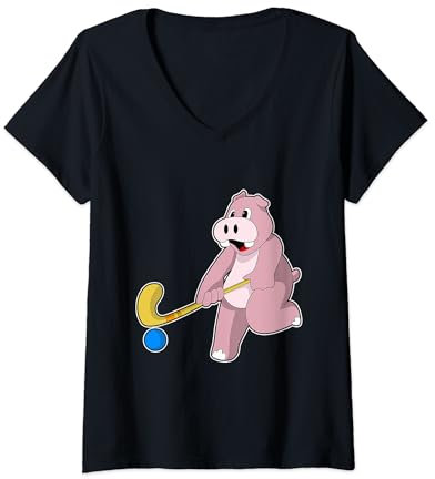 Damen Nilpferd Feldhockey Feldhockeyschläger Sport T-Shirt mit V-Ausschnitt