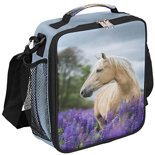 Bolsa de almuerzo de caballo blanco, lonchera de lavanda morada, bolsa de almuerzo aislada, enfriador térmico con correa de hombro ajustable extraíble para mujeres y hombres, oficina, picnic