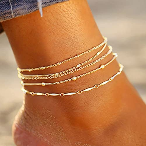 Ensemble de bijoux bohème Clataly: chaîne de pied multicouche, bracelet plage, perles - Or (5pcs)