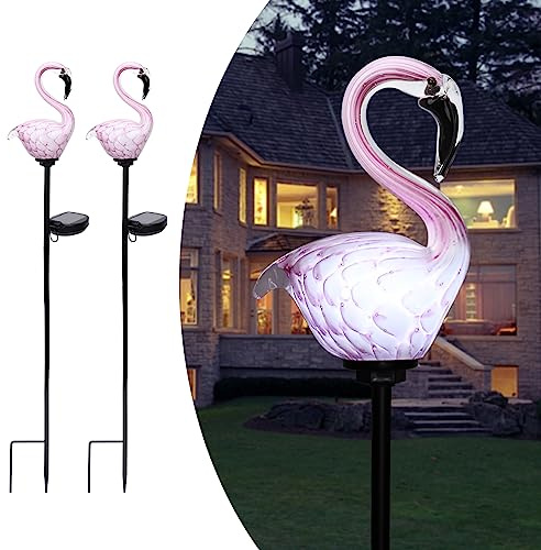 Afirst Solar Outdoor Decorative Lights - Flamingo Handblown Glass Garden Stakes 4 W 2 Pack