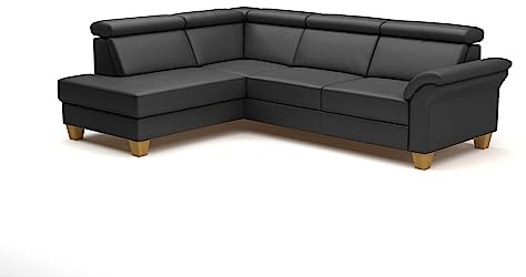CAVADORE Leder-Eckcouch Ammerland mit Ottomane / Landhaus-Sofa mit Federkern + Kopfteilverstellung / 245 x 84 x 194 / Leder Schwarz
