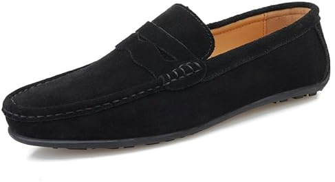 HOOENG Mocassins for Hommes Tablier Orteil Daim Vamp Couleur Unie Penny Mocassins Chaussure Flexible Talon Plat léger décontracté Mariage sans Lacet (Color : Noir, Size : 43 EU)