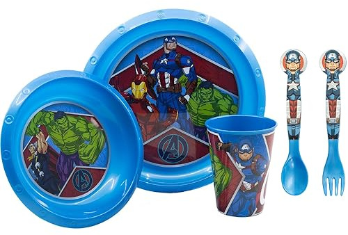 Vajilla de plástico reutilizable Avengers Marvel 5 piezas platos vaso cubiertos para niños juego comedor