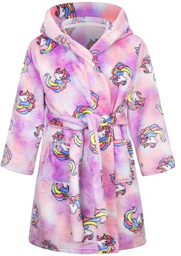 FILOWA Albornoz Niña Ducha Rizo Bata de Baño con Capucha Casa Polar Suave Pijamas Caliente Franela Ropa de Dormir para Infantil 4-5 Años, Violeta Unicornio