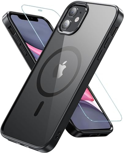 Hensinple Magnetica Cover per iPhone 11 con Vetro Temperato, Compatibile con MagSafe, Custodia Antiurto Posteriore Sottile Graffi Paraurti in TPU Bumper - Nero