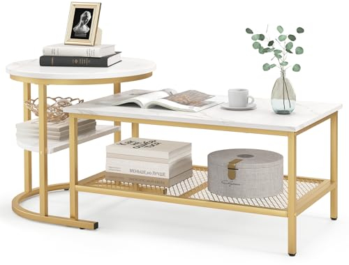 LIFEZEAL Couchtisch 2er Set, Satztische mit Marmor-Effekt, Wohnzimmertische Set mit Metallrahmen, Moderner Sofatisch für Wohnzimmer, Schlafzimmer, Büro, Max. 50 kg (Golden)