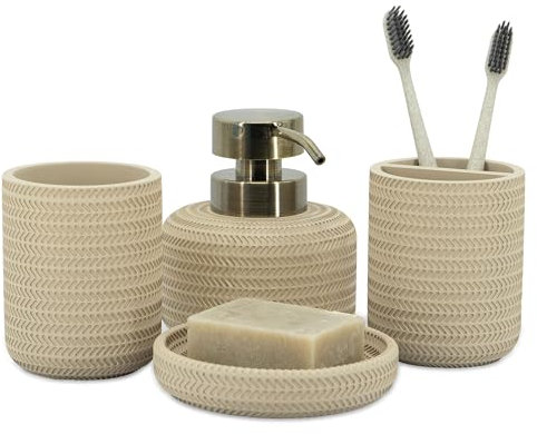 ZCCZ Set di 4 accessori da bagno beige con dispenser di sapone, porta spazzolino da denti, bicchiere da bagno e portasapone, organizer decorativo per bancone
