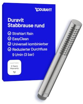 Duravit wassersparende Stabhandbrause, Duschkopf mit Strahlart Rain, Duschbrause rund, Handbrause mit wassersparender MinusFlow-Funktion, reinigungsfreundlich, Edelstahl gebürstet