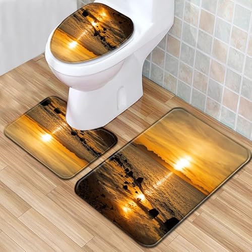 Bad Teppiche Set 3-Teiliges Orange Sonnenuntergang WC Vorleger Mit Ausschnitt Badematte Saugfähig WC Deckelbezug Badvorleger rutschfest Waschbar Toilettensitzbezug Badgarnitur (50x80cm)