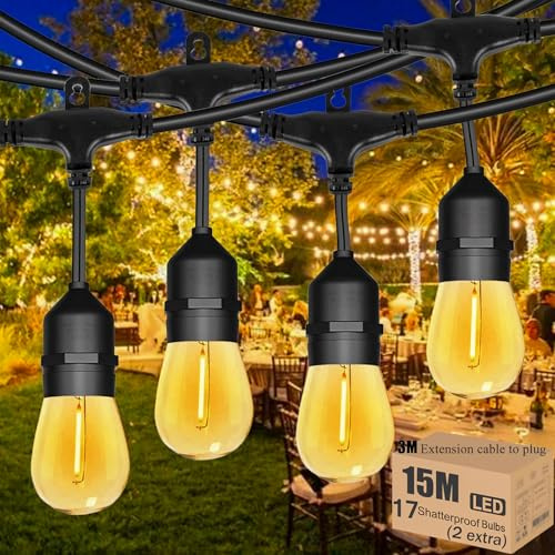 Meidaoduo 15M Festoon Lights Outdoor IP65 50FT Outdoor String Lights with 15+1 Shatterproof Bulbs 2700K for Patio Pergola Gazebo Backyard Fence Garden Lights Linkable