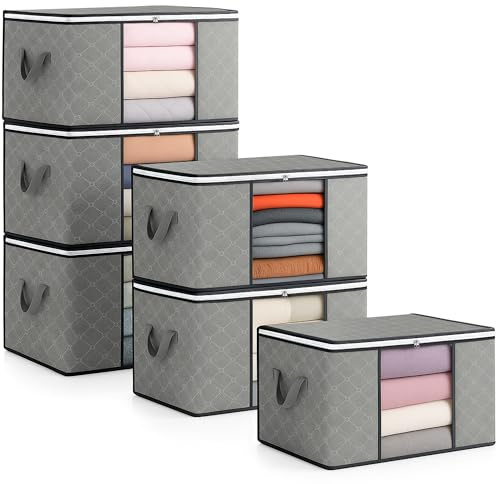 unycos - Cajas para Almacenaje de Ropa x 6【60L】 Bolsas Plegables con Ventana Transparente, Doble Cremallera y Asas Reforzadas, Organizador de Toallas, Edredones, Juguetes | Hasta 12 kg (Grey/Black)