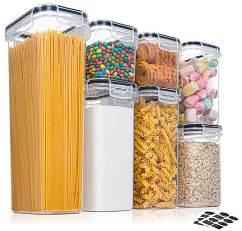 SiHuiTu Airtight Food Storage Containers Set [7 Pc] - Kitchen Pantry Organization and Storage, Plastic Canisters with Durable Lids Ideal for Cereal, Flour & Sugar - Includes 10 Labels