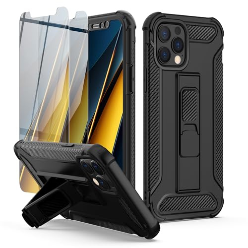 ORETECH for iPhone 12 Case, Built-in Kickstand Phone Holder - Black | 2 x Tempered Glass Screen Protectors, Heavy Duty Military Grade Drop Shockproof Protection