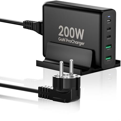 shefor 200W USB C Ladegerät Mehrfach, 5-Port Ladestation 3 USB C+2 USB A Hub Schnelles Kompaktes GaN Stromadapter, 65W Laptop-Ladegerät Schnelles Kompatibel mit MacBook/iPad/iPhone/Samsung Laptop