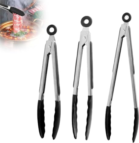 3PCS Pince Cuisine Silicone - Pince de Cuisine Multifonctionnelle en Silicone et Acier Inoxydable, Résistantes aux Hautes Températures, pour Barbecue, Cuisine, Noir (7, 9 et 12 Pouces)