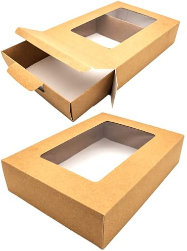 CHEF ROYALE 10-Pack Medium Kraft Bakery Boxes with Window – Recyclable Takeout & Meal Prep Containers – Ideal for Cookie, Cake & Cupcake Boxes for Weddings, Birthdays & Parties (380x238x75mm)