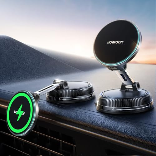 JOYROOM 15w Magsafe Chargeur Voiture [Ventouse à Vide & Gel Ultra-Fort] Support Telephone Voiture Magsafe Rotatif à 360° et Pliable Support Telephone Voiture Induction pour Iphone 17 16 15 14 13 12