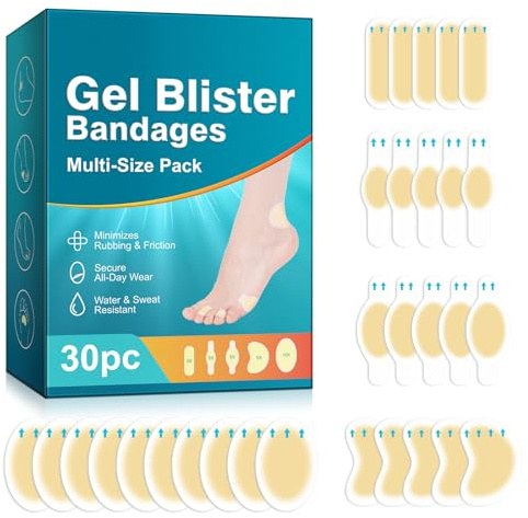 Gel Blister Bandages for Feet, 30pcs Blister Hydrocolloid Bandage Cushions for Prevention, Waterproof Adhesive Blisters Bandaids Pads Protect Heel &Toe from Rubbing Shoes