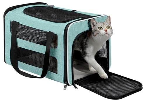 PAPZER Cat Carrier Soft-Sided Travel Bag for Medium to Large Cats Over 15lbs, Small Dog Carrier Crate Top Entry Breathable Mesh Puppy 12 Pounds, Pet Rabbit Carrying Cage Kennel Collapsible Teal