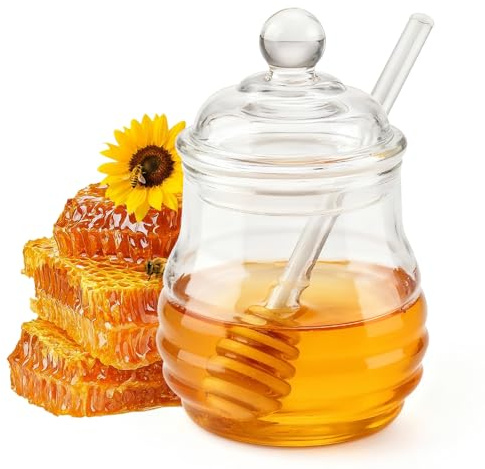 Wozzies Pot a Miel, 280 ml Pot Miel avec Cuillère, Distributeur Sirop de Verre pour le Stockage de la Confiture, Sirop D'érable, Cadeaux pour la Maison et la Cuisine
