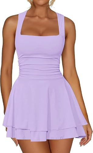 Sukiglam Vestito Donna Estivo Sexy Mini Abito Senza Maniche Scollo Quadrato Vestito Corto da Discoteca Elegante Abiti a Pieghe Casual Vita Alta A Line Vestiti Aderente Curvy per Cocktail Sera Festa