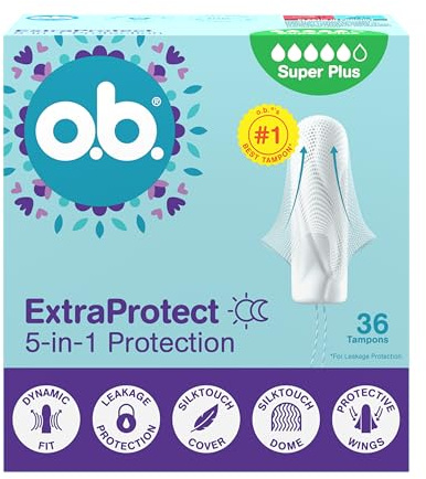 o.b. ExtraProtect Super Plus, confezione da 36 pezzi, con ali di sicurezza aggiuntive, fino al 100% di protezione contro le perdite giorno e notte, per sanguinamento molto abbondante, confezione