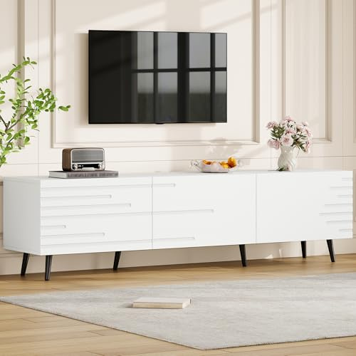 FammyLoft TV-Schrank 180cm bis 80 Zoll mit 3 Klapptüren, TV-Lowboard mit 3D-Gedruckte Design, Fernsehtisch mit Kabelmanagement, TV Stand, Fernsehschrank, TV-Board, TV-Kommode, Weiß