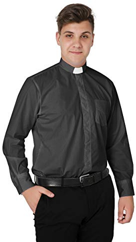 IvyRobes Camisa Cura de Clero de Manga Larga para Hombre Camisa Alzacuellos con Cuello de Lengüeta Ropa Sacerdote Gris 15