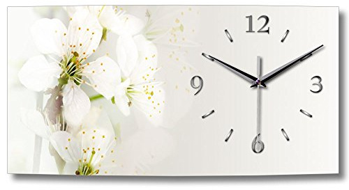 Kreative Feder Designer-Wanduhr Weiße Blüte Natur leise Funk-Wanduhr Funkuhr in modernem Design ohne Ticken (WA154, 50x25cm leises Funkuhrwerk)