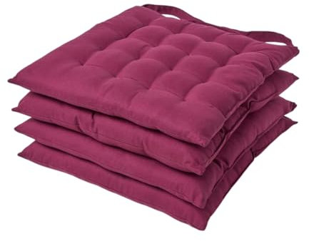 HOMESCAPES Plum Seat Pads for Dining Chair, Set of 4 100% Cotton Chair Pads with Straps, 40x40 cm