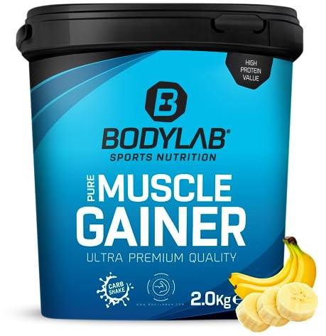 Bodylab24 Pure Muscle Gainer Banane 2000g, je 100g 33g natürliche Kohlenhydrate, 40g Protein und 12g Fett, angereichert mit Kreatinmonohydrat, perfekter Weight Gainer Shake für den Masseaufbau