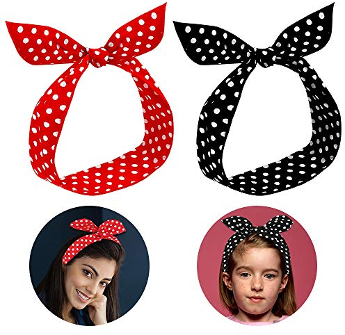 Stirnbänder Damen, 2 Stück Haarband Rockabilly Kopfband Frauen Haarband Bow Draht Biegbar Stirnband mit Polka Punkt, Rot Retro Haarschmuck für Damen Mädchen Geschenk