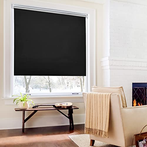 Verdunklungsrollo ohne Bohren Rollos für Fenster B75 x H130 cm (Stoffbreite 70cm) Schwarz Thermo Rollo Klemmfix Verdunkelungsrollo Seitenzugrollo Sicht-und Sonnenschutz Wandmontage