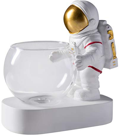 Astronauten Wasserpflanzgefäß aus Glas mit Lampe, Gold | Kunstharz und Kunststoffdetails, für Laden und Zuhause, Dekoratives Stück im Nordischen Raumkonzept