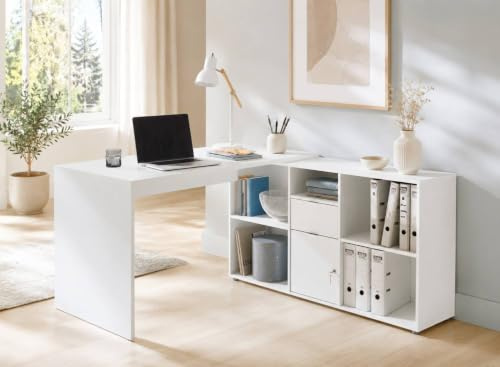 BMG Möbel Eckschreibtisch Lena abschließbarer Tür, Computertisch, Winkelschreibtisch, Homeoffice, Bürotisch, Made in Germany (White)