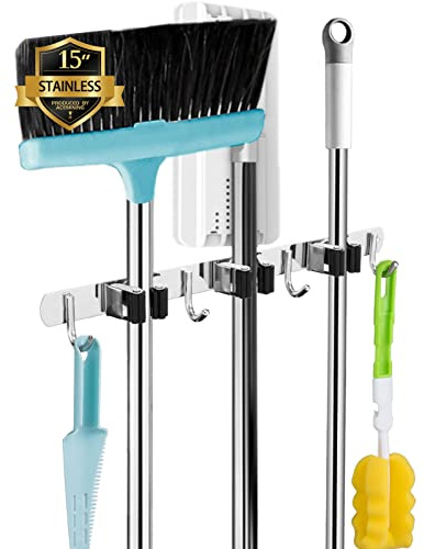 AceMining Besenhalterung Wand, 5 Halter + 4 Haken Edelstahl Gerätehalter | wandhalterung besen: Nagelmontage und starke Klebepads; lange Stiele bleiben geordnet.