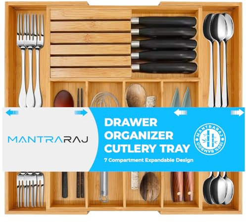 MantraRaj Cutlery Drawer Organiser - Expandable Bamboo Utensil Organiser for Silverware, Flatware, Knives, Natural Wood Cutlery Tray & Knife Holder Kitchen Drawer Divider Organisation- 51x43.5x5cm