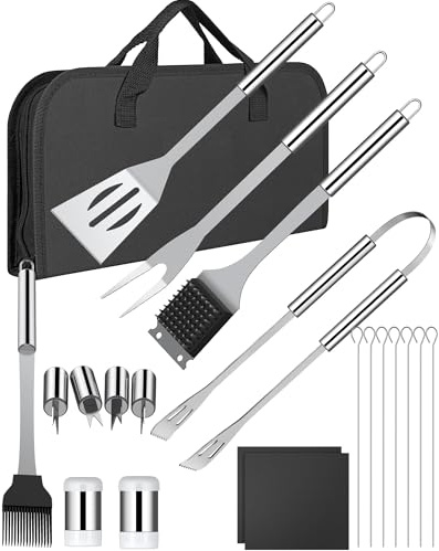 Ustensiles Plancha, HOMGEN 24pcs Ustensiles Barbecue en Acier Inoxydable Kit d'Accessoires Plancha BBQ Teppanyaki Barbecue Spatule Ustensiles Plancha avec Sac Derangement pour Camping