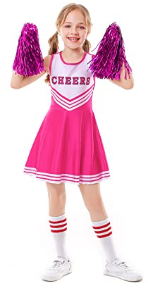 ALUCIC Mädchen Cheerleader Kostüm Cheerleading Uniform Karneval Fasching Party Halloween Kostüm Kleid Minirock mit 2 Pompoms und Socken