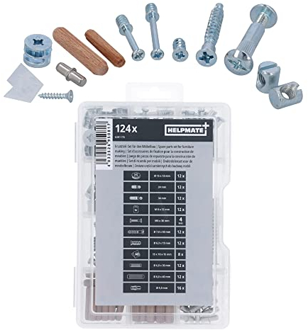 HELPMATE – 124-teiliges Möbelschrauben Set – Möbelverbinder aus vernickeltem Stahl – Schrankverbinder inkl. Drehkeilbeschlag, Anzugsbolzen & Hülsenschraube mit Hülse – Verbindungsschrauben für Möbel